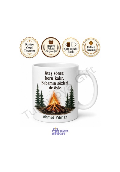 Baba Ve Kamp Ateşi Temalı Kupa Bardak Babalar Günü Hediyesi Özel Tasarım Beyaz / Çok Renkli