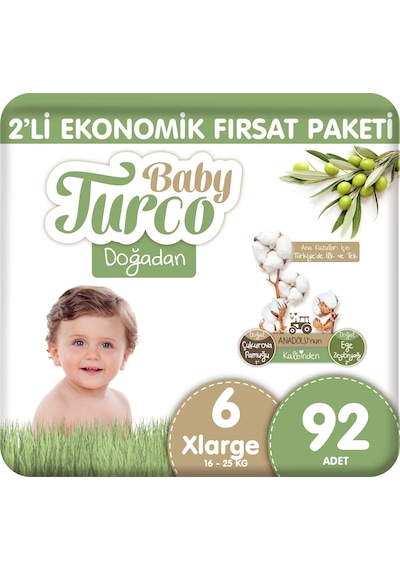 Baby Turco Doğadan 2'li Ekonomik Fırsat Paketi Bebek Bezi 6 Numara 92 Adet 2'li