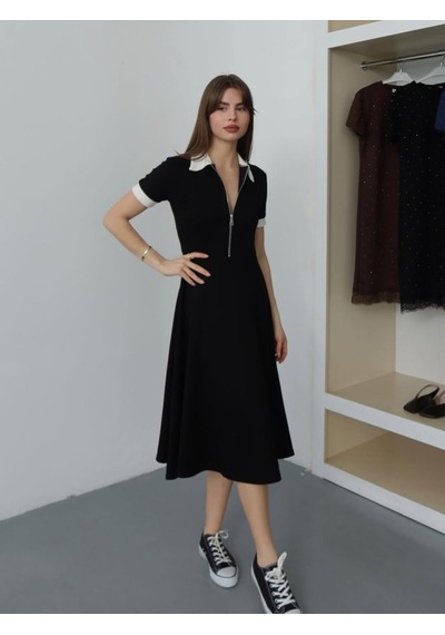 Etiler Collection Kadın Polo Yaka Fermuar Detaylı Modal Midi Elbise Siyah