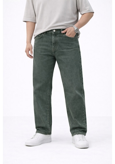 Erkek Baggy Fit Yıkamalı Yeşil Kot Pantolon Rahat Kesim Denim Hakiyıkamalı
