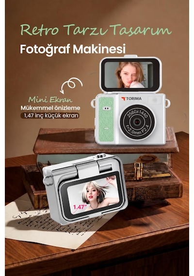 Torima CMR46 Mini Dijital Kamera 2K Flip Ekranlı Selfie Video Vlog Kamerası Yeşil
