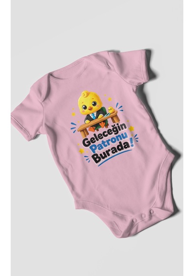 Morivokids Geleceğin Patronu Burada Kısa Kollu Bebek Body %100 Pamuk Koyu Pembe