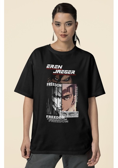 Eren Yeager Freedom Baskılı Unisex Oversize Attack On Titan Anime Siyah