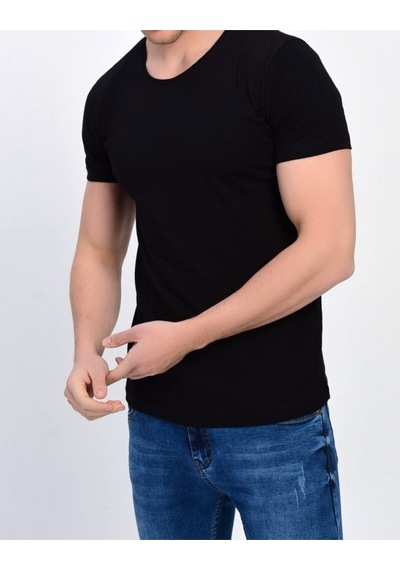 Nacar Store Erkek Siyah Bisiklet Yaka Likralı Basic T-shirt