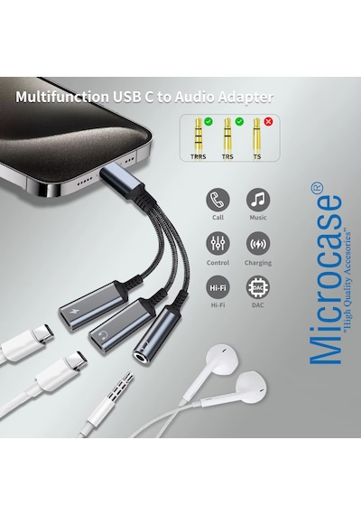 Microcase 60w 3in1 Alüminyum Gövde Usb-c Adaptör Type-c To Type-c Şarj Ve 3.5 Mm Jak Ve Dac Destekli Kablo Al5418