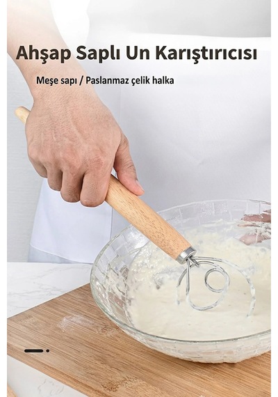 3 Lü Set Danimarka Tipi Hamur Çırpıcı - Ahşap Saplı Paslanmaz Çelik Un Mikseri & Ekşi Maya Karıştırma Teli
