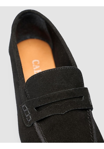 %100 Hakiki Deri Siyah Süet Kadın Loafer Siyah