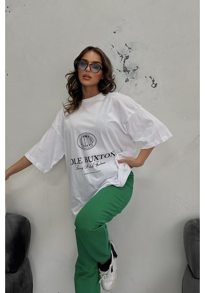 WeShaya Kadın Beyaz Yeşil Baskılı Lycra Oversize İkili Takım Beyaz