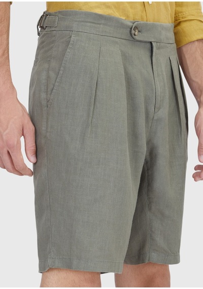 Ramsey Haki Düz Dokuma Carrot Fit Casual %100 Keten Bermuda