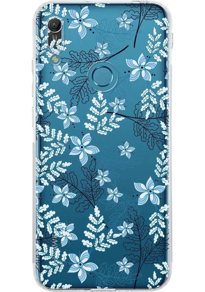Huawei Y6 Pro 2019 Kamera Korumalı Kapak Floral Mavi Tasarımlı Şeffaf Kılıf