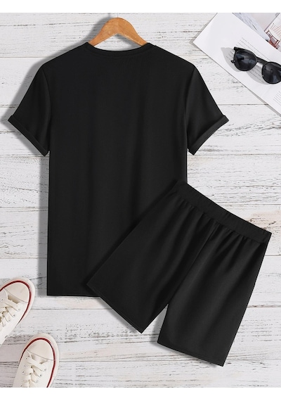 Unisex Oversize Kanat Baskılı Beyaz Bisiklet Yaka Siyah T-shirt Siyah Şort Siyah