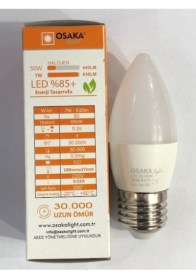 10 Adet Osaka 7w 50w 630 Lümen E27 Led Buji 6500 Kelvin Beyaz