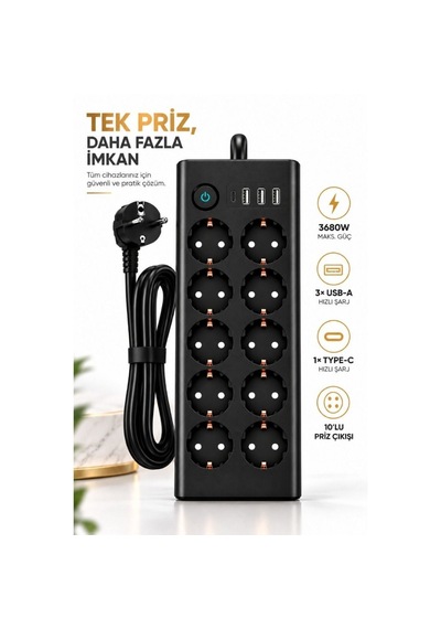10 Lu Akım Korumalı Priz 3680w 3 Usb-a + 1 Type-c Hızlı Şarj 2 Metre Kablo 0 - 2 M