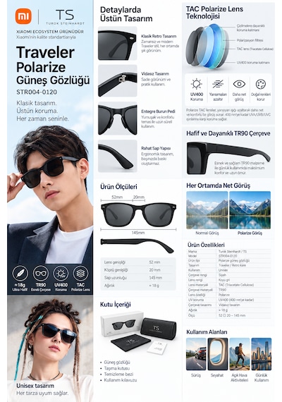 Xiaomi Ts Traveler Polarize Güneş Gözlüğü Uv400 Tr90 Tac Lens Siyah Çerçeve Unisex Uva Ve Uvb Koruma Str004-0120