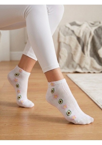 Heren Socks Heren Minimal Ve Kabartma Desenli 4'lü Ekru Pamuk Kadın Patik Çorap Meyve Çiçek Figürlü