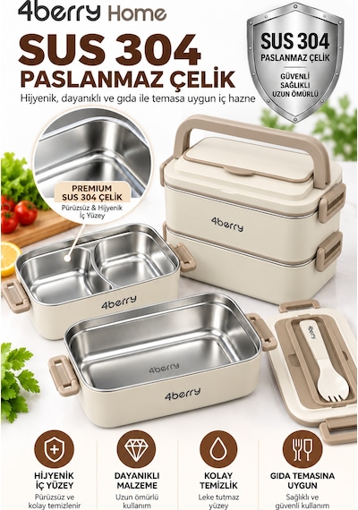 2 Katlı Yemek Termosu 3 Bölmeli 1800 Ml Taşınabilir Yemek Kabı, 304 Paslanmaz Çelik, Sızdırmaz, Isı Yalıtımlı, Kaşıklı Krem