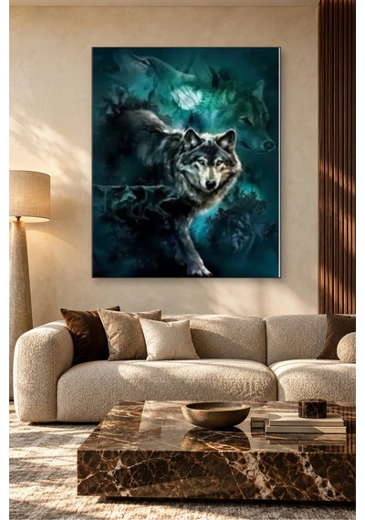 Fida Turkuaz Sisli Ormanda Hayalet Kurtlar Canvas Tablo Çok Renkli