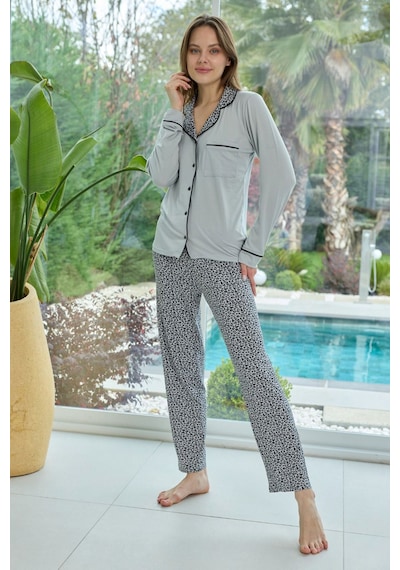 Remsa Kadın Leopar Desenli Önü Düğmeli Yumuşak Milan Kumaş Pijama Takımı 250347-2 Mint Mint