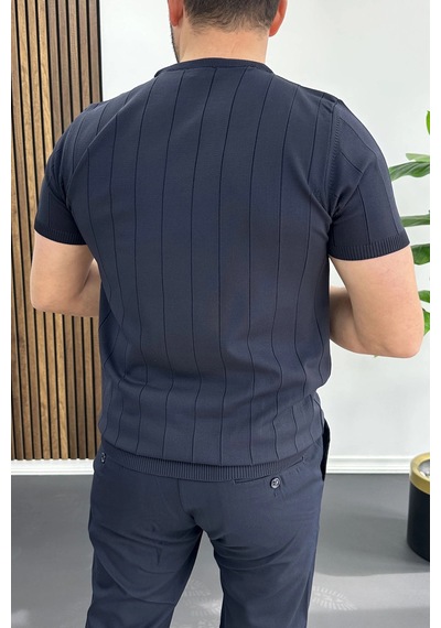 Erkek Bisiklet Yaka Çizgili Tişört Lacivert Edw456 Lacivert