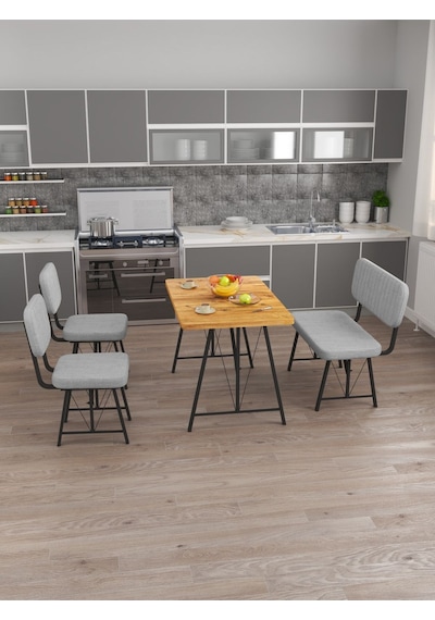 Hayat 70x110 Atlantik Mutfak Masası, Mutfak Masası Takımı, Yemek Masası, 2 Sandalye 1 Bench - Açık Gri Açık Gri