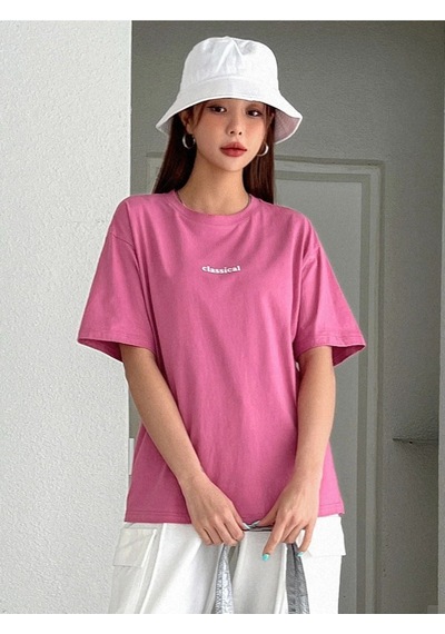 Pembe Oversize Classical T-shirt - Oversize Baskılı Pembe