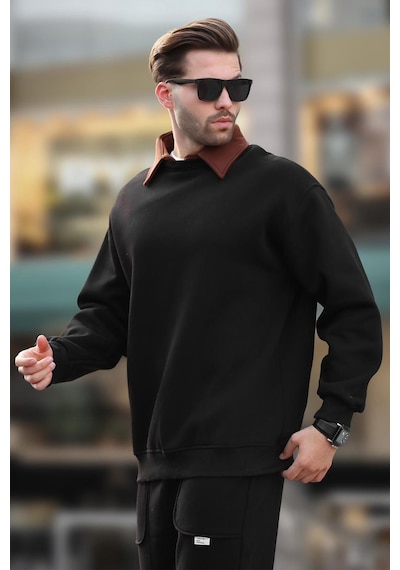 Madmext Siyah Polo Yaka Erkek Sweatshirt 7086 Siyah