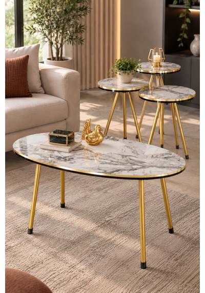 Sulorahome Beyaz Mermer Desenli Ve Gold Metal Ayaklı 4'lü Sehpa Seti Beyaz Mermer - Altın Sulorahome Beyaz Mermer Desenli Ve Gold Metal Ayaklı 4'lü Sehpa Seti Beyaz Mermer - Altın