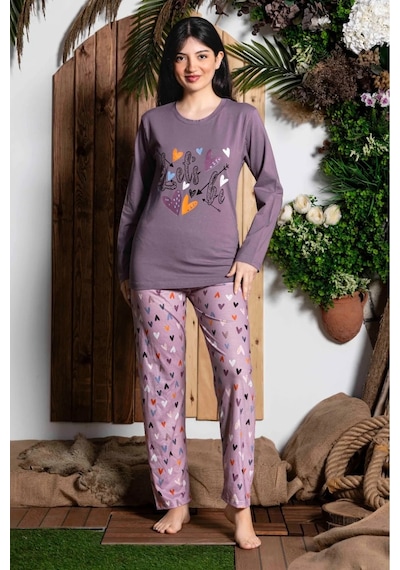 Lukitus Uzun Kol Likralı Desenli Kadın Pijama Takımı Mürdüm