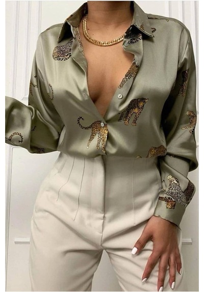 Madmext Mad Girls Leoparlı Vizon Saten Gömlek Mg187-vizon Vizon