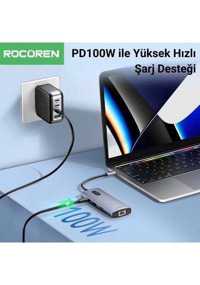 Rocoren 8 Portlu 4k 30hz Gigabit Ethernet Sd Tf Kart Okuyuculu 3 Usb3.0 Pd 100w Destekli Hub Çoklayıcı