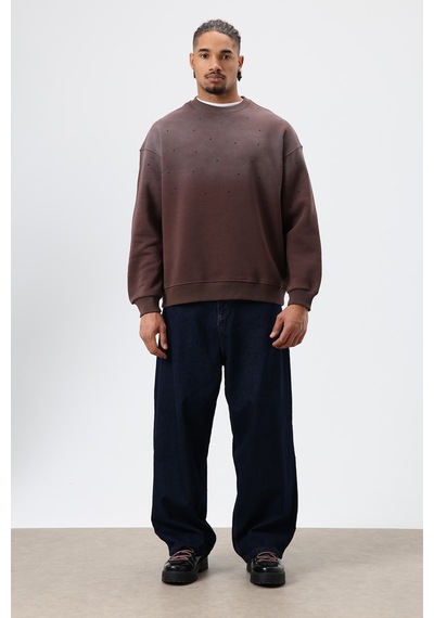 Vamos Yıkamalı Taş Detaylı Oversize Sweatshirt Kahve