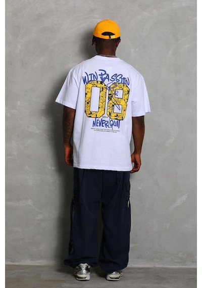Erkek Baskılı Tişört Kısa Kol Bisiklet Yaka Oversize T-shirt - Beyaz