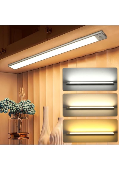 40cm Sensörlü Alüminyum Usb Şarjlı Led Gece Lambası 3 Renk Kısılabilir Mutfak Dolap Tezgah Siyah