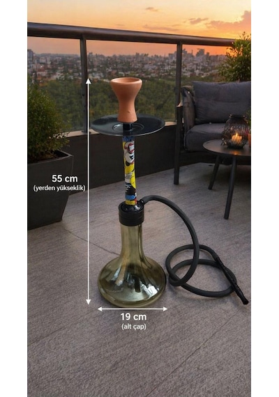 Nargile Takımı 55 Cm Büyük Boy Cam Şişe Modern Desenli Lüleli Nargile Seti Hortumlu Ev Balkon Bahçe Kullanımı