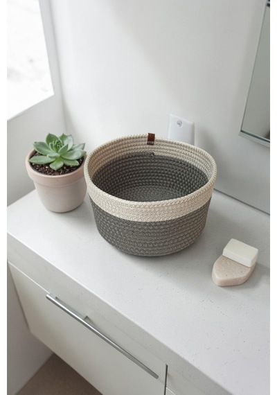 El Yapımı Dekoratif Örgülü Model Banyo Seti 2 Li Paspas 50x80 Ve 40x60 + 2 Organizer Sepet 18x18 Cm Gri