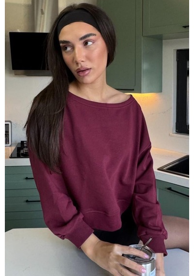 Bordo Kayık Yaka Kadın Sweatshirt Mg2208