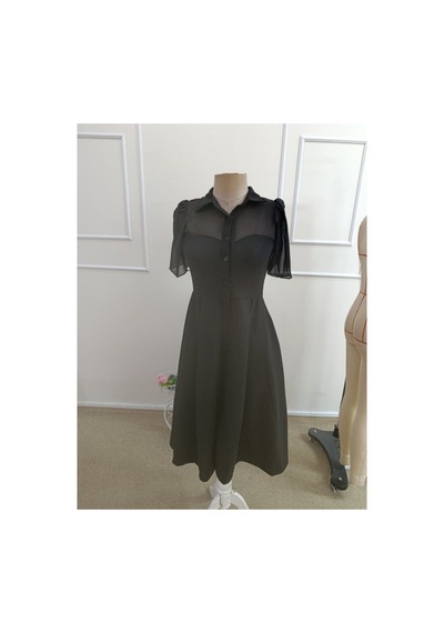 Butik İstanbul Kadın Kısa Kollu Yakalı Önden Düğmeli Midi Ithal Krep Elbise Yeşil
