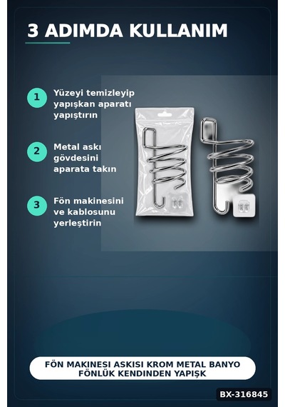 Fön Makinesi Askısı Krom Metal Banyo Fönlük Kendinden Yapışkan Askı Aparatı Bx-316845 Çok renkli