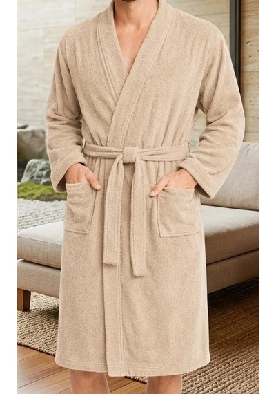Bicomi Ultra Emici & Cilt Dostu %100 Pamuklu Bej Kimono Bornoz