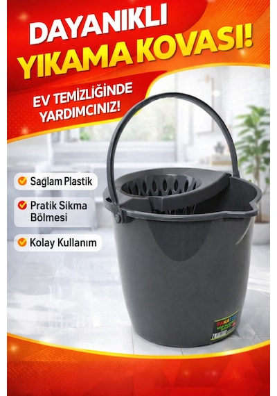 Yuvarlak Fanatik Mop Ve Su Kovası Sıkma Hazneli 12 Lt-koyu Gri