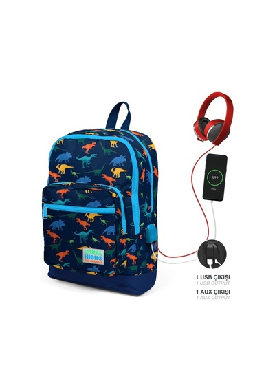 Coral High Erkek Çocuk Lacivert Dinazor Okul Çantası Ve Beslenme Çantası Seti Usb Soketli