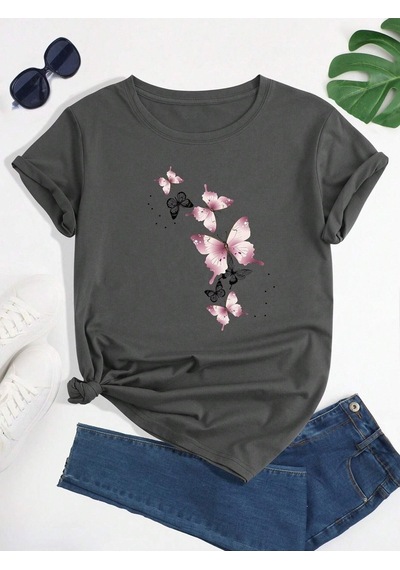 Flood Of Style Kadın Füme Uçuşan Kelebekler Baskılı Oversize T-shirt Gri