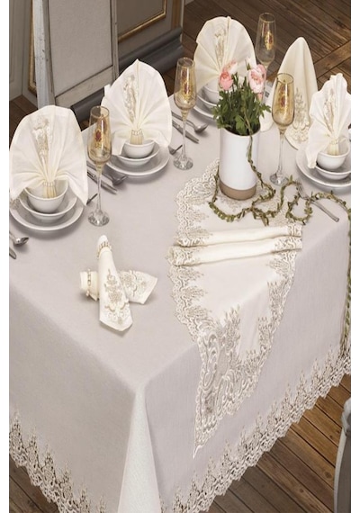 Sümbül Masa Örtüsü 160X260 Cm 26 Parça Krem (541545615)