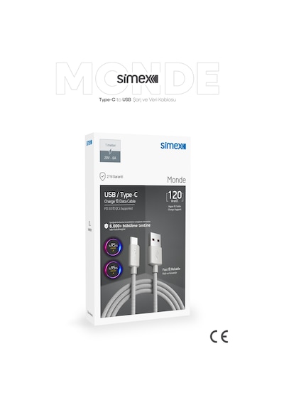 Simex 120w/67w/33w Usb To Type-c Ultra Turbo Hızlı Şarj Kablosu Xiaomi Uyumlu, Gri, 1 Metre