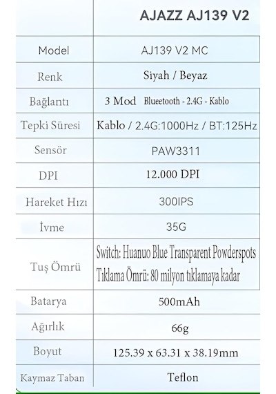 Ajazz Aj139 V2 Mc Mouse 3 Farklı Bağlantı Modu-rgb Manyetik Şarj İstasyonlu-paw 3311 Sensör-500 Mah Batarya-66 Gram Siyah