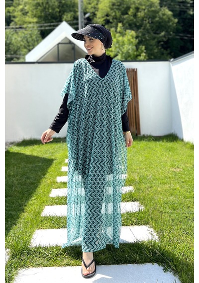 Remsa Tesettür Mayo Üzerine Desenli Tek Kaftan Pareo 430-306 Mint Mint Yeşili