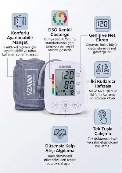 Vzn Ld-581 Type-C Girişli Dijital Tansiyon Aleti Kol Tipi Hızlı Ölçüm Hafızalı