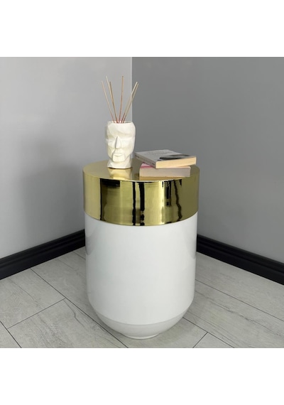 Dekoratif Gold Darbuka Parlak Beyaz Sehpa 60cm