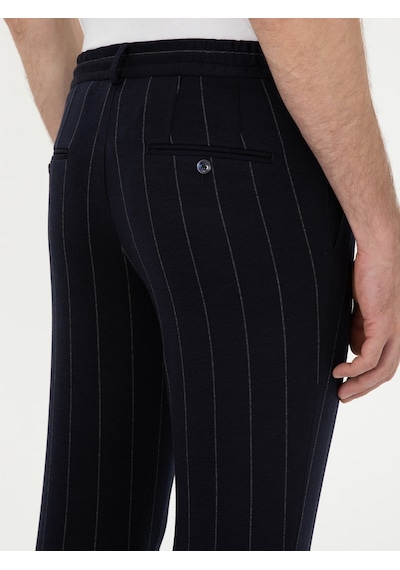 Cacharel Koyu Lacivert Slim Fit Yün Karışımlı Çizgili Pantolon