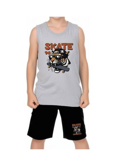 Fyk Kids Erkek Çocuk Baskılı Sıfır Kol Skate Crunch Alt-üst Takım Gri